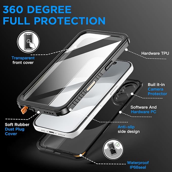 AICase Compatible with iPhone 17 Case Waterproof, Clear Water Proof Built-in Screen Protector Shockproof Dustproof Snowproof Full Body Rugged Underwater Phone Case with Lanyard