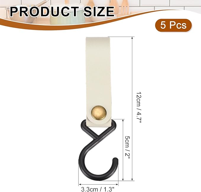 uxcell 5pcs PU Leather Hooks, S-Shape Hooks for Outdoor Camping Hanging Pots Pans Utensils Light Grey