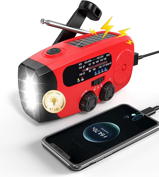 Emgykit 086S Hand Crank Emergency Radio - 2000mAh/7400mWh AM/FM/NOAA Solar Hand Crank Emergency Radio with 3 LED Flashlight, SOS Function for Emergencies, Camping - Red
