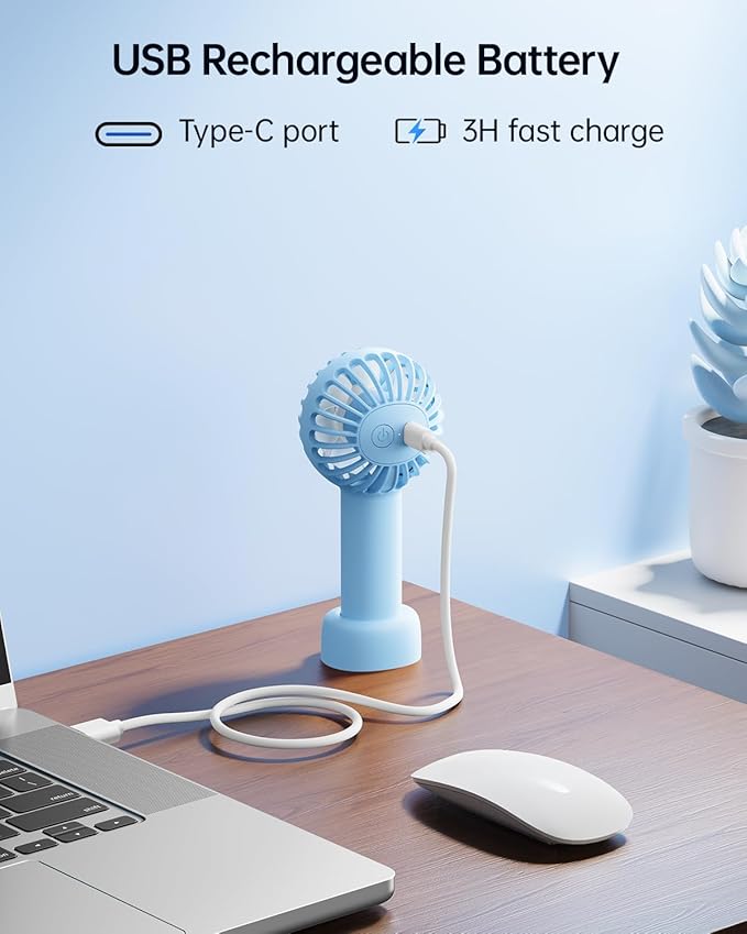 SWEETFULL Mini Portable Fan - Rechargeable Handheld Fan, 3 Speeds Personal Small Hand Gifts for Travel Essentials, Lash, Makeup, Eyelash, Kids, Girls, Women - USB, Cute Design Light Blue