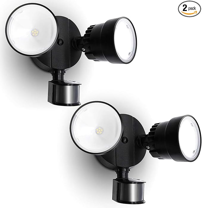 LUTEC Shrimp P6221B-PIR24 2000 Lumen 18 Watt 26 LED Motion Activated Integrated Dual-Head Floodlight Outdoor, IP54 Waterproof Exterior Security Wall Light for Patio, Garden, Yard-Black, 2 Pack
