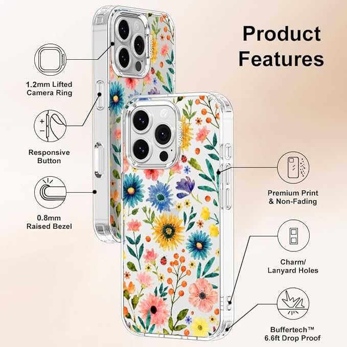 MOSNOVO for iPhone 16 Pro Case, Shockproof Military-Grade Protection 6.6ft Drop Tested, Clear Phone Case for iPhone 16 Pro, Wildflower Bloom Design