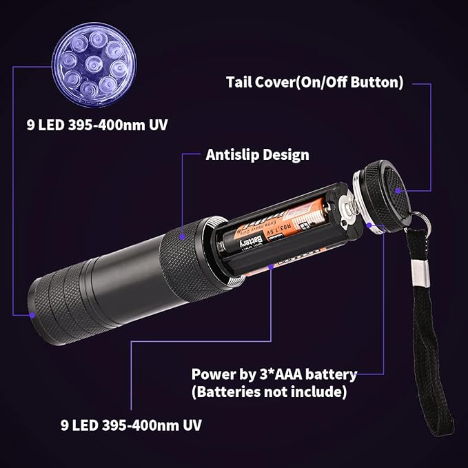 5 Pcs UV Black Light Flashlights Bulk, 9 Led 395-400nm Mini Blacklight Handheld Portable Torch Pet Urine Detector for Bed Bug, Hair, Dog Cat Urine and Stains Batteries Included