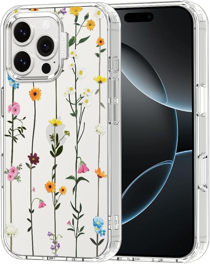 MOSNOVO Case for iPhone 16 Pro Max, [Buffertech 6.6ft Military-Grade Drop Protection] [Anti Peel Off Tech] Clear TPU Bumper Phone Case Cover Design - Wildflowers