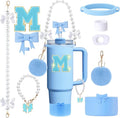 9pcs Stanley Cup Accessories Set- for 30oz 40oz Tumblers with Handle - Bule Kit Includes Bow Straw Topper and Boot, Charm, Pearl Handle Strap & Stickers - Aesthetic Girl Gifts (M)