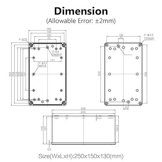 LeMotech IP67 Waterproof Junction Box ABS Plastic Project Box Dustproof Electrical Box Outdoor Enclosure for Electronics DIY Case Gray 9.8X 5.9X 5.1 inch(250mmx 150mmx 130mm)