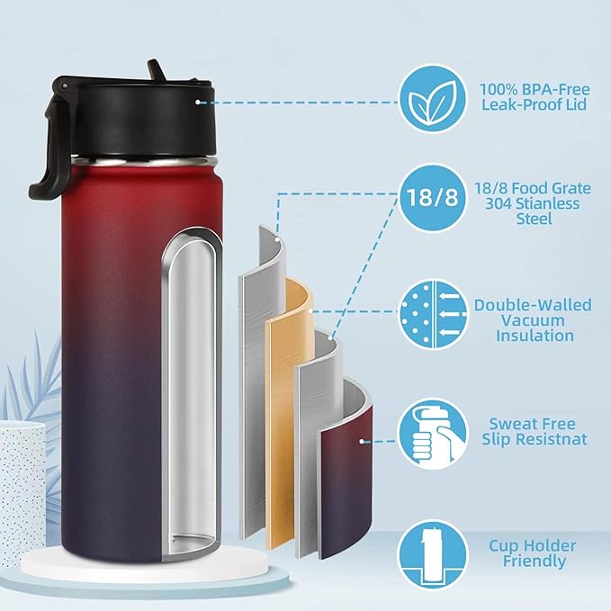Volhoply 18oz Insulated Water Bottle Bulk 4 Pack,Kids Stainless Steel Water Bottles with Straw Lid,Wide Mouth Reusable Metal Cups,Double Wall Vacuum Sports Flask Keep Hot and Cold(Red Purple,4 Set)