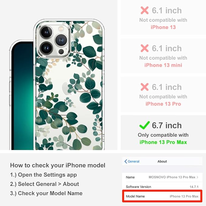 MOSNOVO Case for iPhone 13 Pro Max, [Buffertech 6.6ft Military-Grade Drop Protection] [Anti Peel Off Tech] Clear TPU Bumper Phone Case Cover Design - Eucalyptus