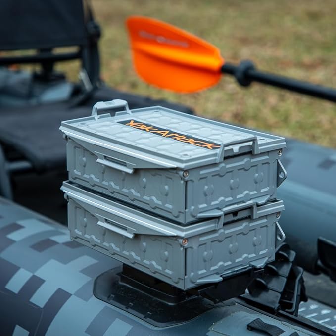 YakAttack TracPak Combo Kit – Battleship Grey | 2 Stackable Storage Boxes + Quick Release Track Base | Fits MightyMount, GearTrac & Kayak Tracks | Space-Saving Fishing Storage | Compact Kayaking Box