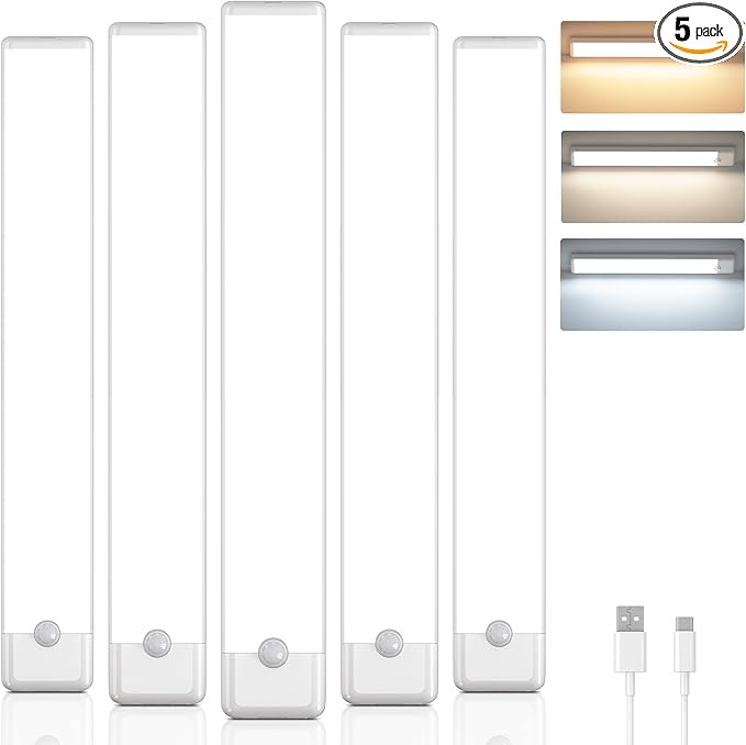 5-Pack Motion Sensor Under Cabinet Light, 3 Color Temperature Dimmable Rechargeable Magnetic Closet Light 11.8 inch Wireless Under Counter Lighting
