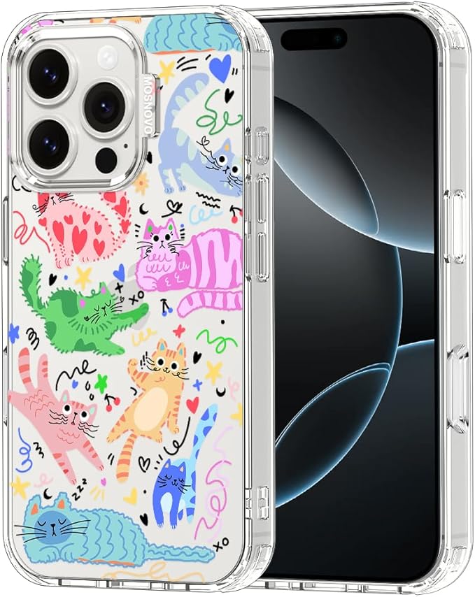 MOSNOVO for iPhone 16 Pro Case, Shockproof Military-Grade Protection 6.6ft Drop Tested, Clear Phone Case for iPhone 16 Pro, Doodle Cats Design