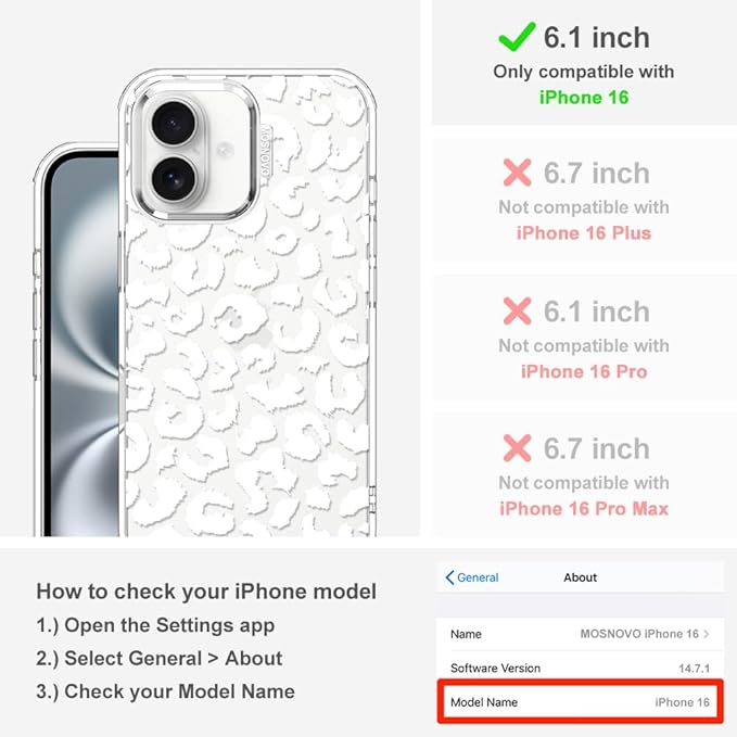MOSNOVO Case for iPhone 16, [Buffertech 6.6ft Military-Grade Drop Protection] [Anti Peel Off Tech] Clear TPU Bumper Phone Case Cover Design - White Leopard Print
