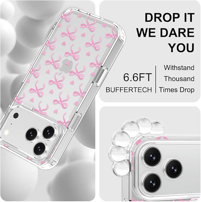 MOSNOVO for iPhone 17 Pro Max Case | Military Grade 6.6ft Drop Tested | Camera Control | Clear with Bowtiful Love Design