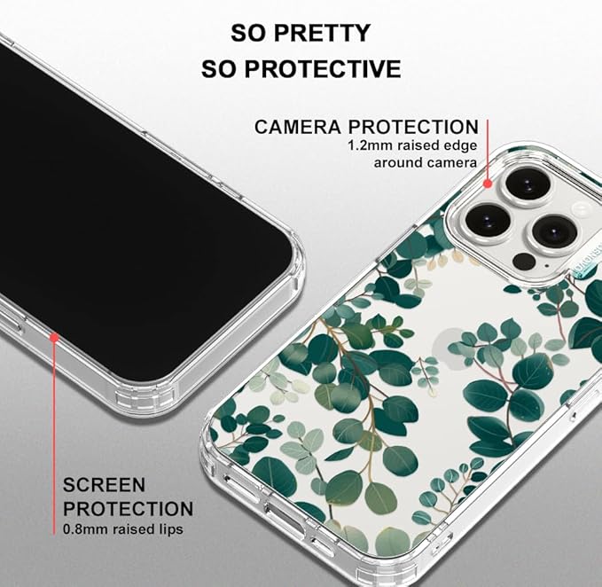MOSNOVO Case for iPhone 15 Pro, [Buffertech 6.6ft Military-Grade Drop Protection] [Anti Peel Off Tech] Clear TPU Bumper Phone Case Cover Design - Eucalyptus