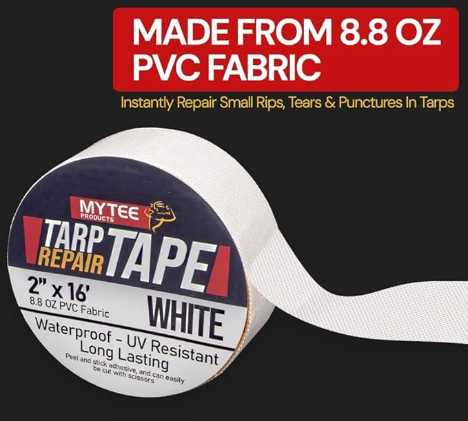 Mytee Products 2" x16' White Vinyl Tarp Repair Tape Kit – Heavy Duty 8.8oz Peel & Stick Waterproof Patch for Canvas, Tent, Awning, Boat Cover, RV & Truck Tarps, UV Resistant