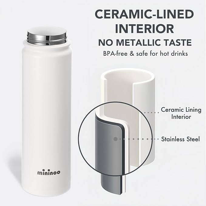 Mininoo Insulated Stainless Steel Water Bottle with Straw, Ceramic-Lined, BPA-Free & Leak-Proof, 24 oz, White