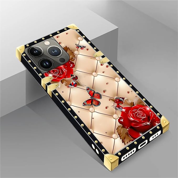 Compatible with iPhone 14 Pro Case, Shining Red Rose Butterfly Leather Background Luxury Golden Decoration for Girl Women Soft TPU Shockproof Protective Hard PC Back for iPhone 14 Pro