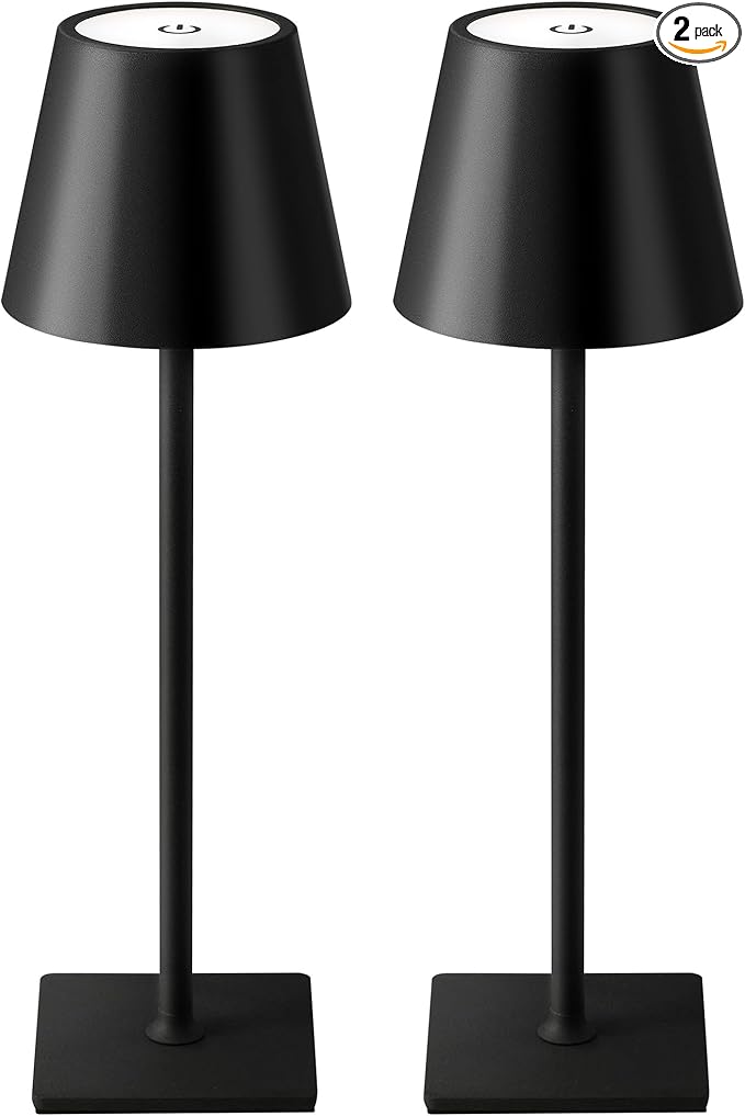 KDG 2 Pack Cordless Table Lamp, Portable LED Desk Lamps, 5000mAh Battery Operated, 3 Color Stepless Dimming Up, for Restaurant, Bedroom, Outdoor Camping, Coffee Shop, Night Light, Rechargeable (Black)