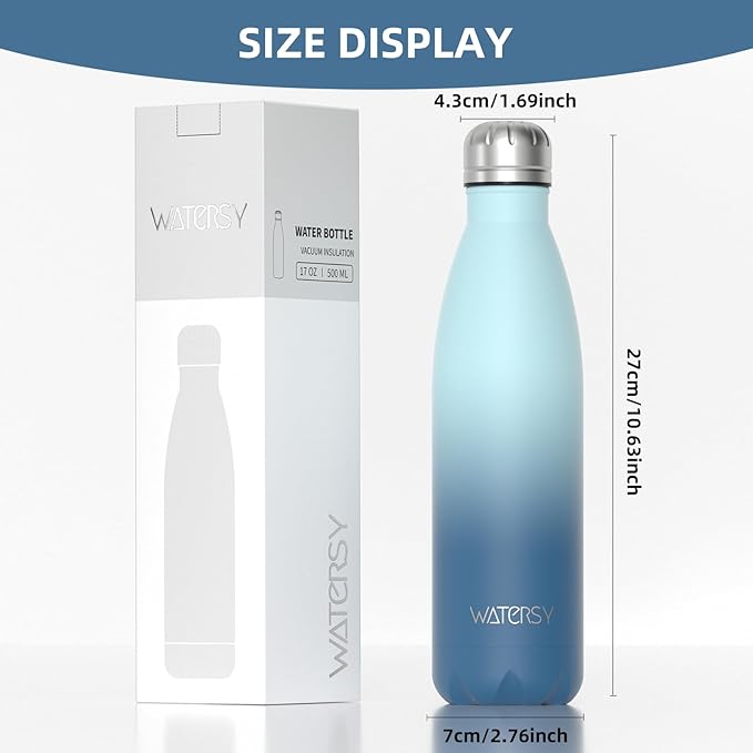 WATERSY Stainless Steel water bottles,17oz/500ml Insulated Water Bottles,Ocean Blue metal water bottle Keeps Drink Cold and Hot,BPA Free kids water bottles for School,Gym,Travel,Sports