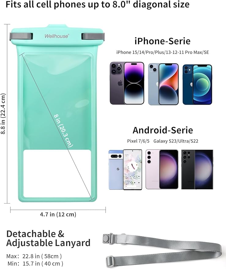 wellhouse Waterproof Phone Pouch, Waterproof Phone Case for iPhone 17 16 15 14 13 Pro Max XS Samsung, IPX8 3D Cellphone Dry Bag Beach Essentials (1 Pack - Crystal Green8.0, 8 inch)