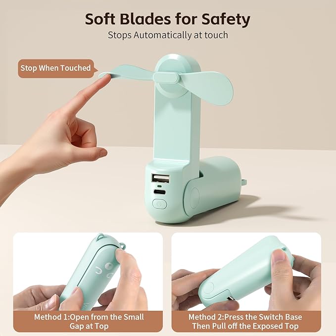 Mini Handheld Fan,USB Rechargeable 3 IN 1 Personal Cooler Fans with Power Bank,LED Flashlight,Small Foldable Portable Pocket Fan-Travel & Emergency Essentials for Outdoor Cyan