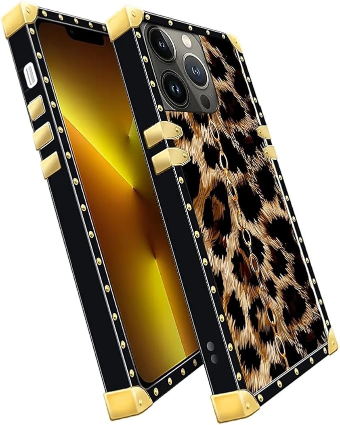 Compatible with iPhone 13 Pro Case, Seamless Gold Chain Leopard Luxury Golden Decoration for Girl Women Soft TPU Shockproof Protective Hard PC Back for iPhone 13 Pro