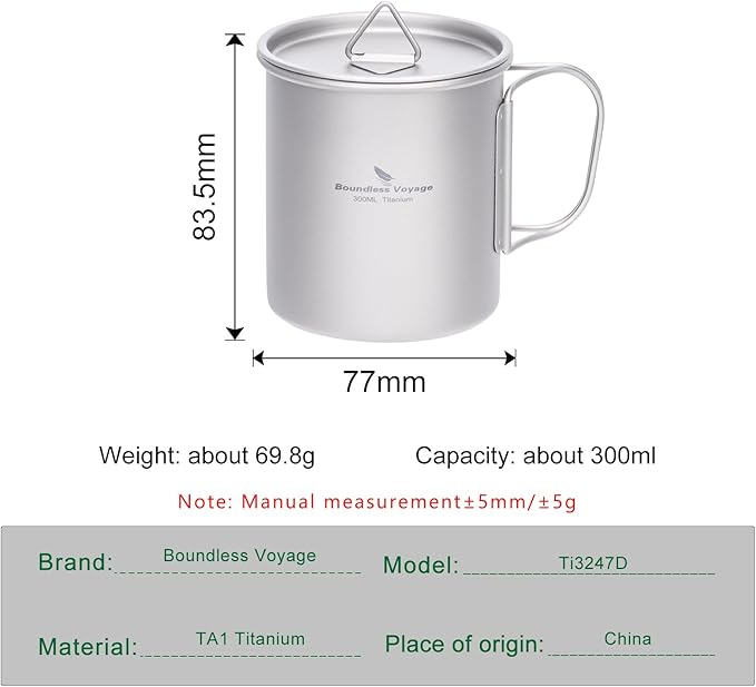 Boundless Voyage Titanium Camping Mug with Lid 300ml 450ml 750ml Lightweight Folding Handle Cup for Outdoor Backpacking Hiking Travel Durable Portable (300ml)