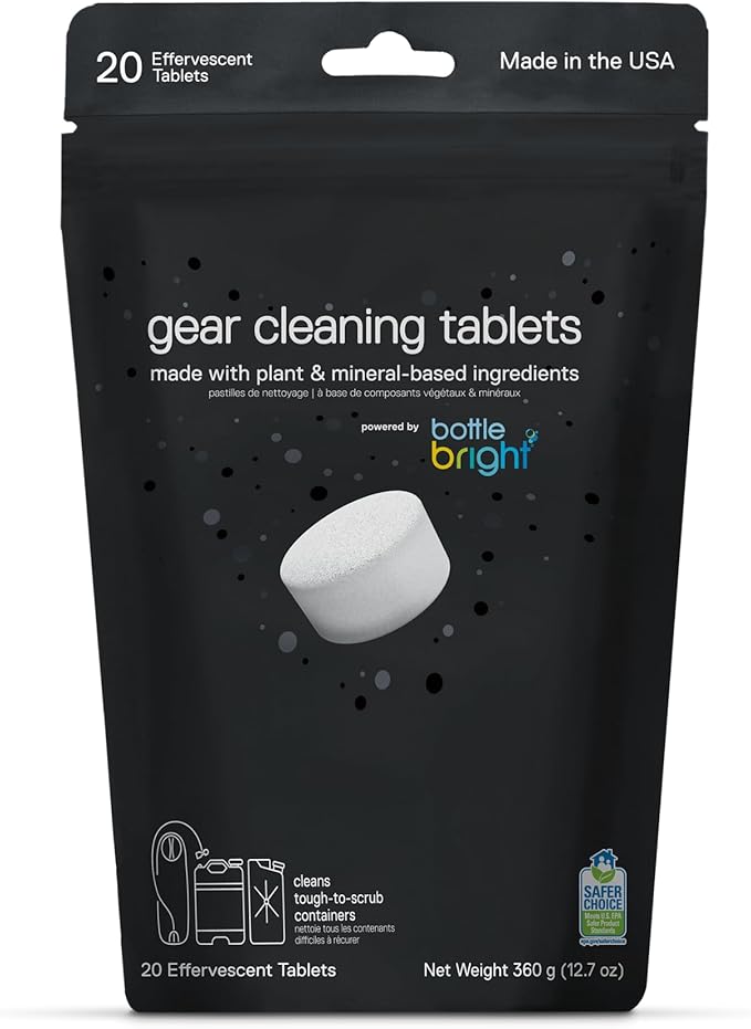 Gear Cleaning Tablets by Bottle Bright (6 or 20 Count) - EPA Safer Choice Certified - Hydration Reservoir, Large Container & Water Storage System Cleaner
