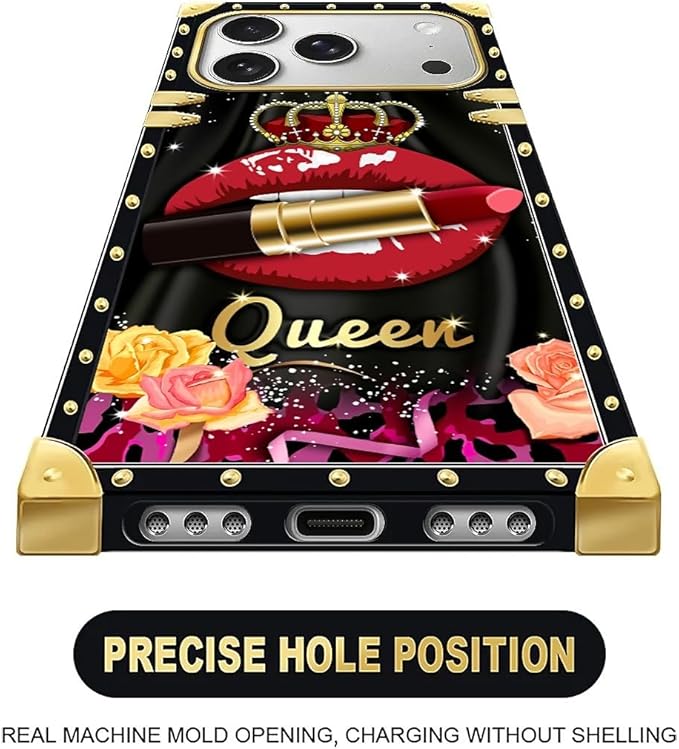 for iPhone 17 Pro Max Case Luxury Golden Decoration for Girl Women Soft TPU Shockproof Protective Hard PC Back for iPhone 17 Pro Max Crazy Pattern Queen Lip Crown Leopard Print