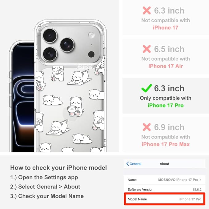 MOSNOVO for iPhone 17 Pro Case, Shockproof Military-Grade Protection 6.6ft Drop Tested, Camera Control, Clear Phone Case for iPhone 17 Pro, Cozy Bear Days Design