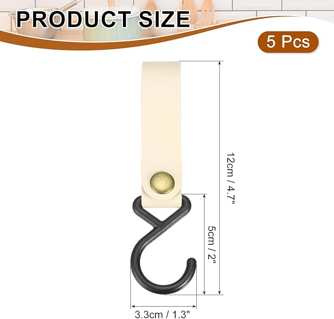 uxcell 5pcs PU Leather Hooks, Leather Straps with Hooks, S-Shape Hooks for Outdoor Camping Hanging Pots Pans Utensils Beige