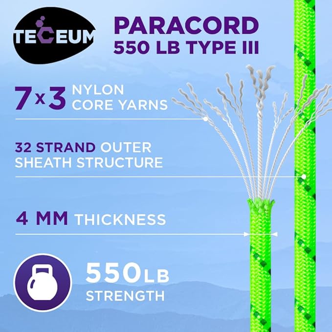 TECEUM Reflective Paracord Rope 1000 – 1000ft/200ft/100ft/50ft – 40+ Colors – Glow in The Dark – para Cord – Utility Rope for Survival, Hunting & Camping Gear – Nylon String, Camping Rope, Tent Cord