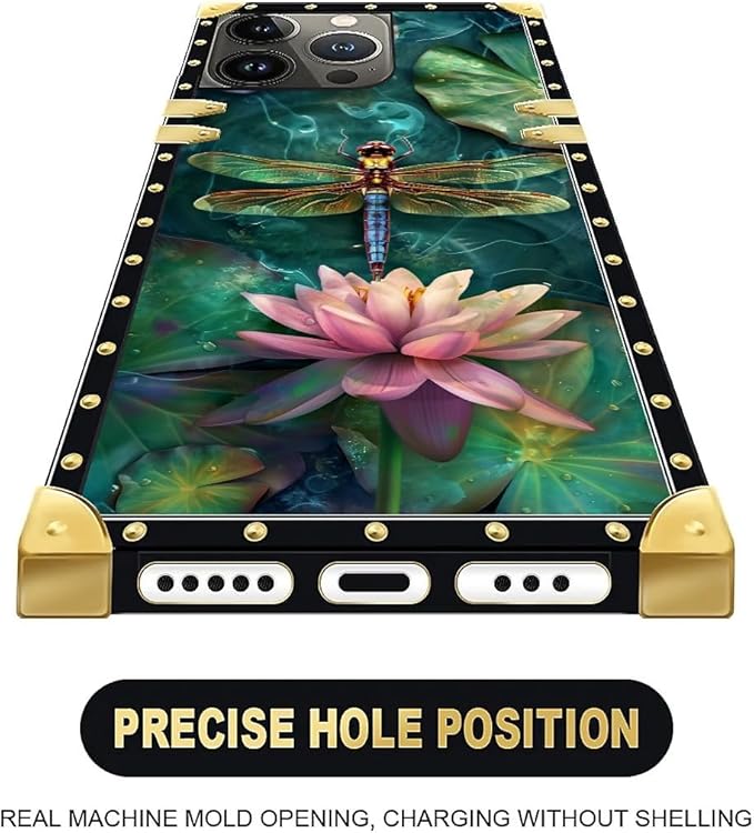 Compatible with iPhone 15 Pro Case, Colourful Dragonfly Pink Lily Pads Luxury Golden Decoration for Girl Women Soft TPU Shockproof Protective Hard PC Back for iPhone 15 Pro