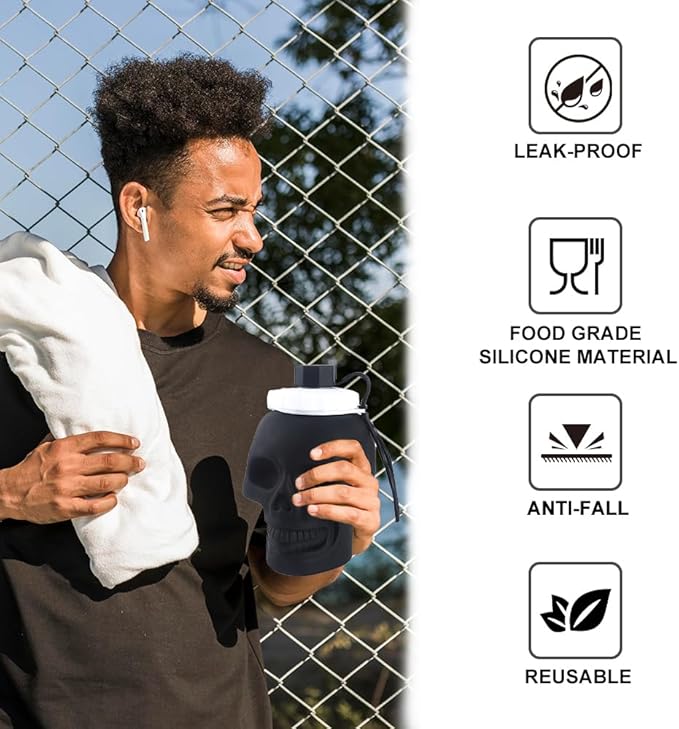 Collapsible Silicone Water Bottle 22oz/650ml, Skull Pattern Foldable Water Bottle, BPA-Free Leak-Proof Reusable Portable Drinking Bottle for Sports Travel Camping Outdoor, Black