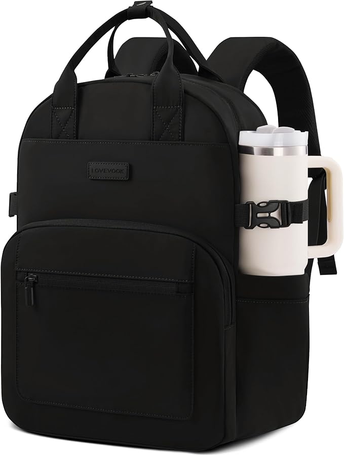 LOVEVOOK Laptop Backpack for Women - Stylish Work Backpack with Large Cup Holder, Waterproof College Teacher Backpack, Black, 18Inch
