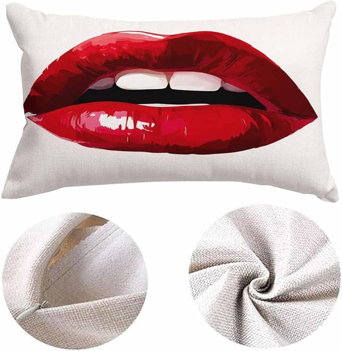 EKOBLA Sexy Biting Lips Farmhouse Oblong Rectangle Throw Pillow Covers Woman Red Lipstick Makeup Beauty Square Decorative Cushion Case for Couch Sofa Chair Bed Cotton Linen 12x20 Inch