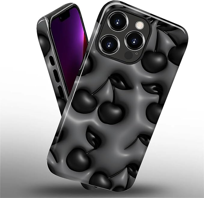 for iPhone 13 Pro Max Case,HL2 Cute Cool Cherry Black Hybrid 2 Layer Hard Shell Silicone Protective Pattern Design Case