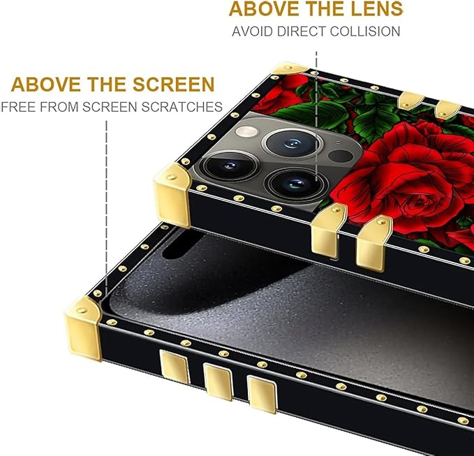 Compatible with iPhone 16 Pro Case, Vector Red Rose Green Leaf Luxury Golden Decoration for Girl Women Soft TPU Shockproof Protective Hard PC Back