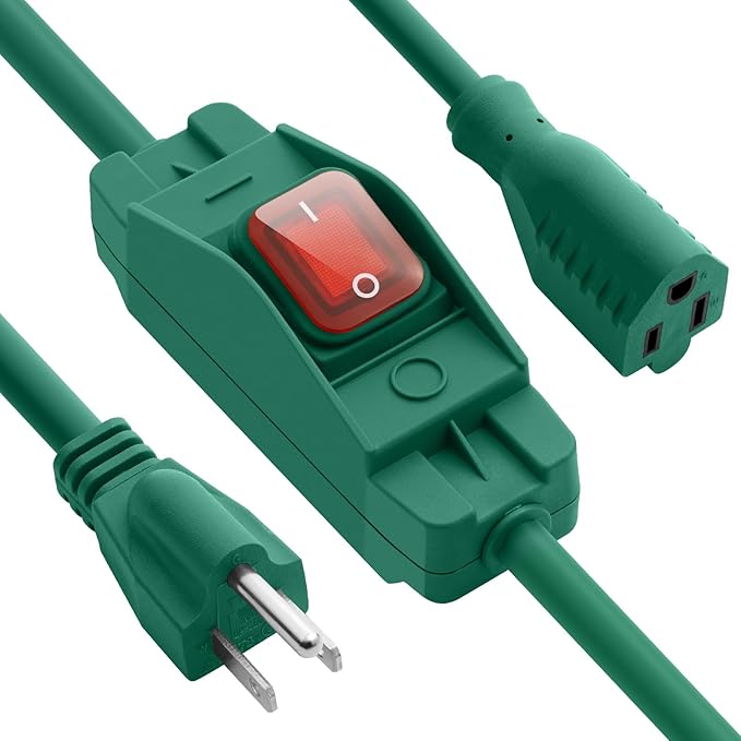 Outdoor Waterproof On/Off Switch Extension Cord, Heavy Duty 125v/250v Black SJTW Cord (6 Ft, Green)