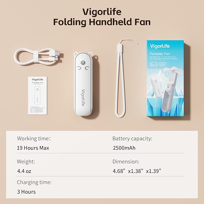 Mini Portable Handheld Fan,USB Rechargeable 3 IN 1 Personal Cooling Fans,Small Foldable Pocket Fan with LED Flashlight for Travel & Emergency Essentials,Outdoor White