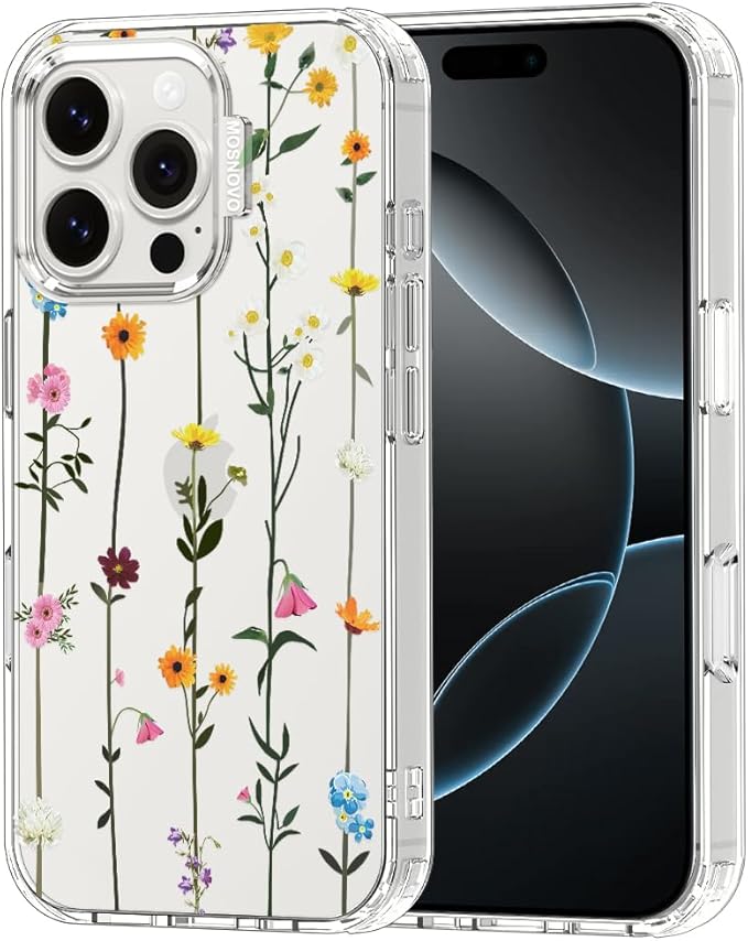MOSNOVO Case for iPhone 16 Pro, [Buffertech 6.6ft Military-Grade Drop Protection] [Anti Peel Off Tech] Clear TPU Bumper Phone Case Cover Design - Wildflowers