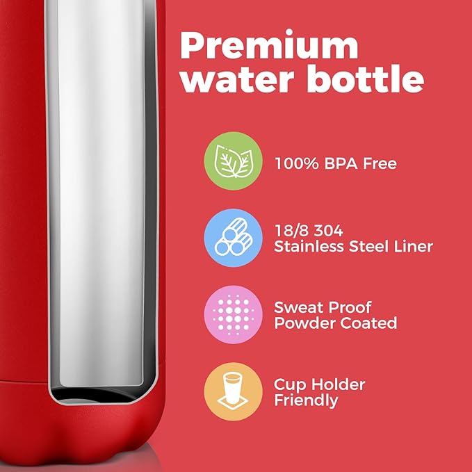 Volhoply 17oz Insulated Water Bottles MultiPack, BPA Free Water Bottle for Kids, Gym, Travel, Sports, Available in Packs of 1, 4, or 8（Red,4 Pack）
