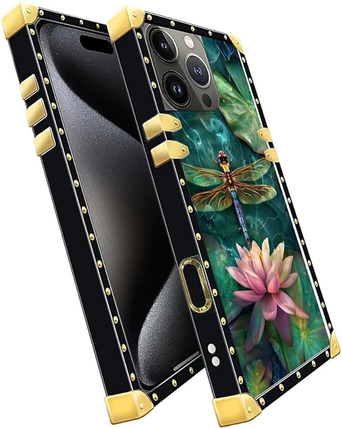 Compatible with iPhone 16 Pro Max Case, Colourful Dragonfly Pink Lily Pads Luxury Golden Decoration for Girl Women Soft TPU Shockproof Protective Hard PC Back
