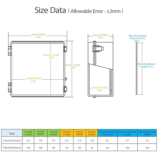 LeMotech Electrical Box, IP67 Waterproof Hinged Cover Stainless Steel Latch Junction Box, ABS Plastic Electrical Enclosure with Mounting Plate,Wall Brackets, Cable Glands,5.9"x5.9"x3.5",Grey