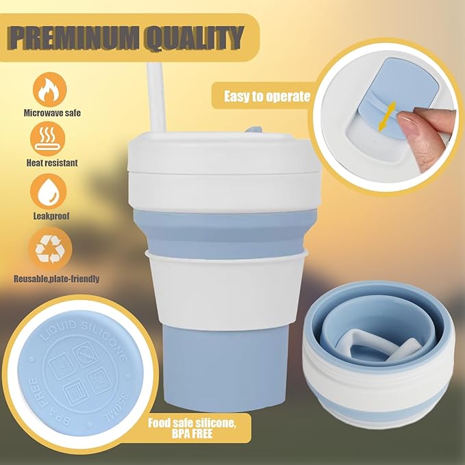 Silicone Foldable Drinking Cup for Camping Hiking,Portable Silicone Water Bottle for Hot and Cold Beverages with Straw- Blue & White