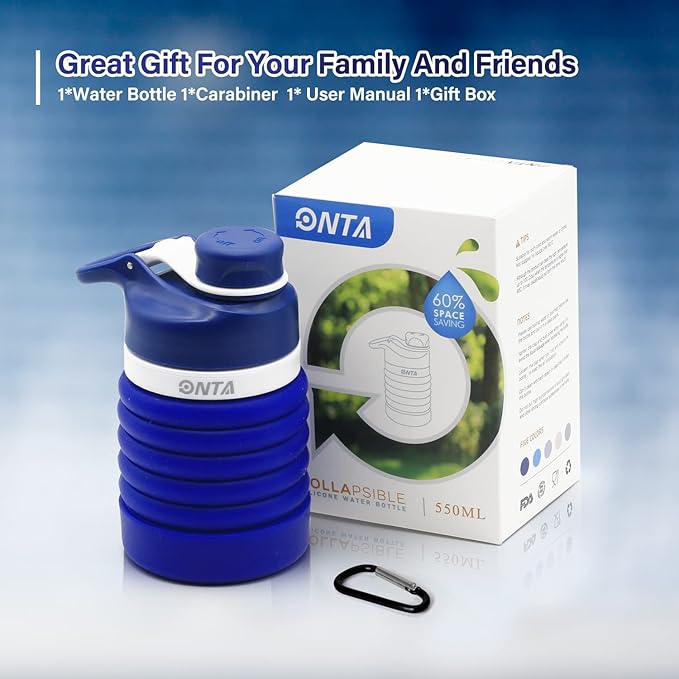 ONTA Collapsible BPA Free Silicone Water Bottle, 20oz - Portable, Leakproof, Easy Clean, Shatter Resistant, Travel Friendly