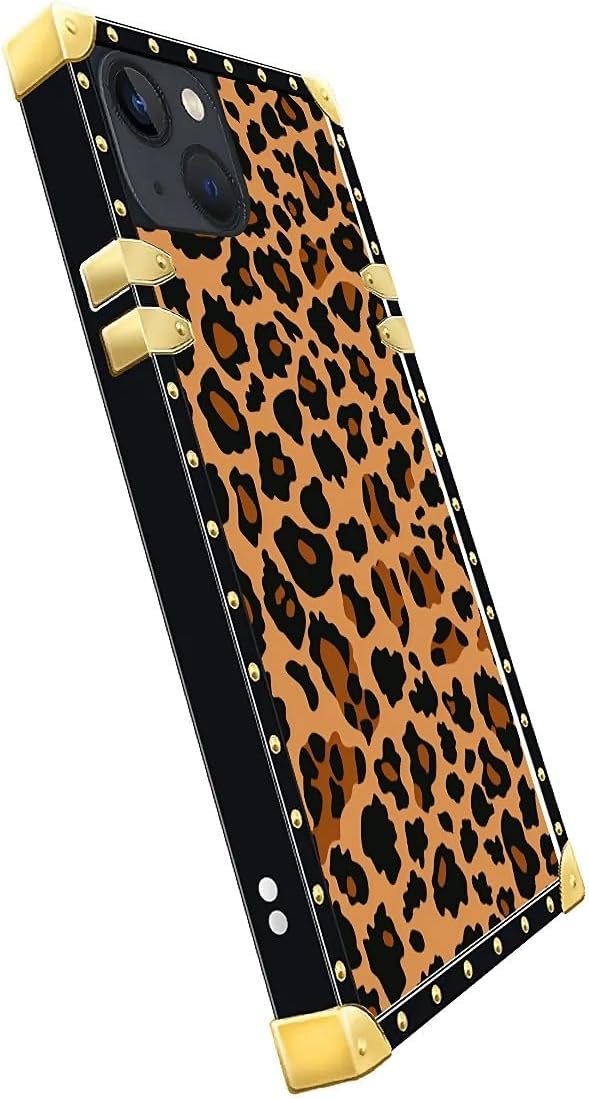 Compatible with iPhone 13 Case, Brown Leopard Texture Luxury Golden Decoration for Girl Women Soft TPU Shockproof Protective Hard PC Back for iPhone 13