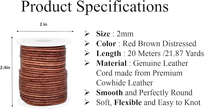 GENIQUE Real/Genuine Round Leather String Cord for Necklace, Bracelets, Jewellery, Braiding (2mm, Red Brown Distressed)