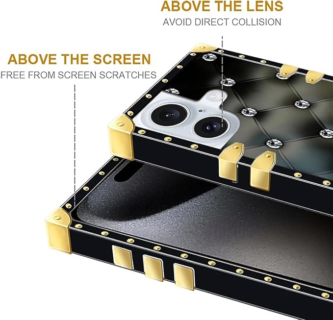 Compatible with iPhone 16 Case, Shiny Black Sofa Crystal Luxury Golden Decoration for Girl Women Soft TPU Shockproof Protective Hard PC Back