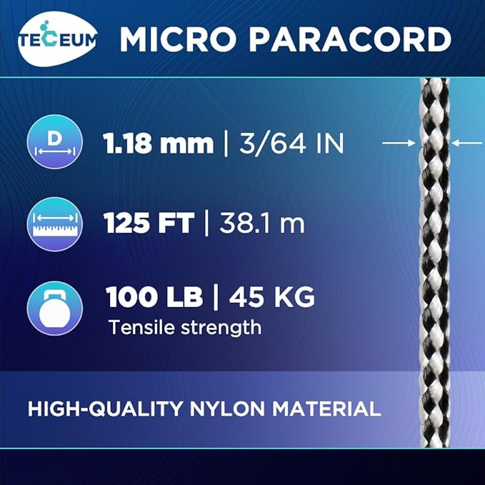 TECEUM Micro Paracord – 1.18 mm X 125 ft – Micro Utility Cord – Thin Braided Paracord Rope – Best for Crafting, DIY Projects, Fishing, Camping – Wind Chime Replacement – Survival Strong String